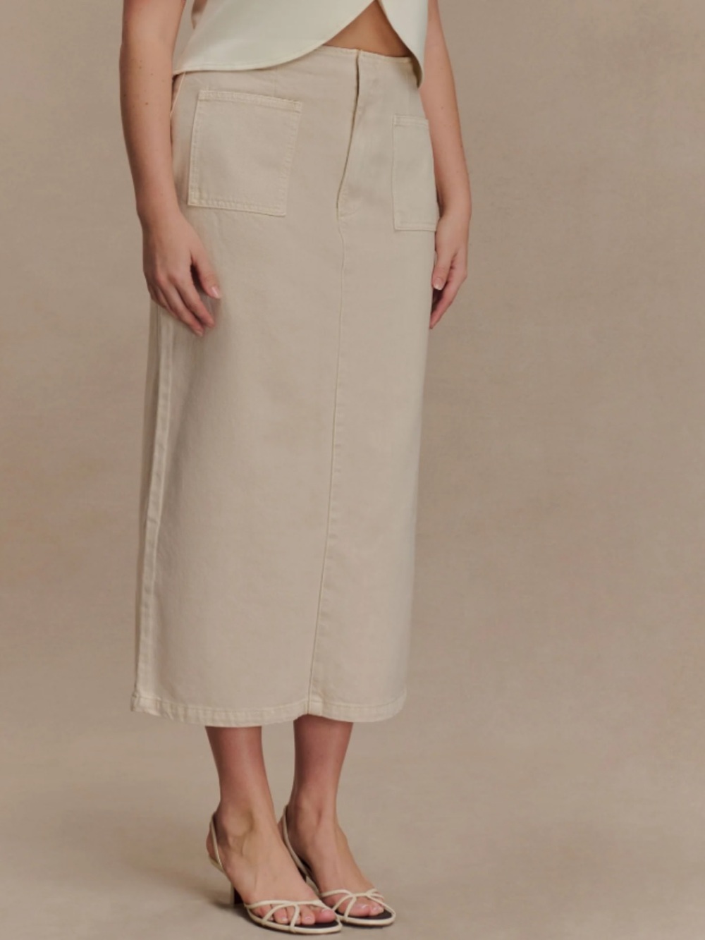 MESHKI Beige Cotton Midi Skirt Front Patch Pockets Size Large NWOT